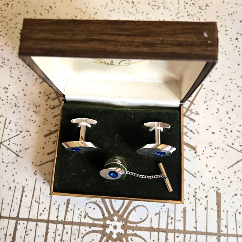 Vintage Sarah Coventry Blue Stone on Silver Tone Cufflink and Tie Tack Set - Picture 3 of 5